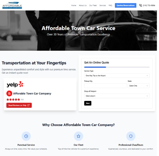 Custom designed website for a limo service showcasing a luxury vehicle